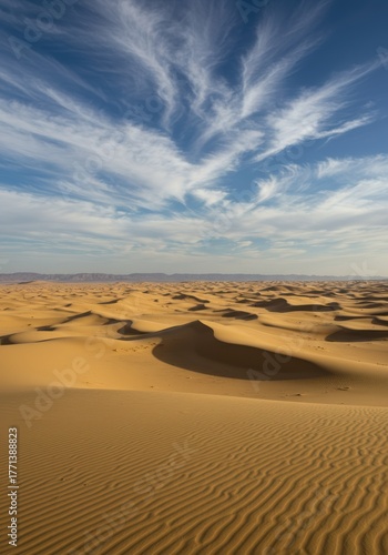 Desert Sands Under a Blue Sky: A vast desert landscape stretches out beneath a brilliant blue sky, the undulating sand dunes sculpted by the wind. Delicate clouds add to the serene vastness.