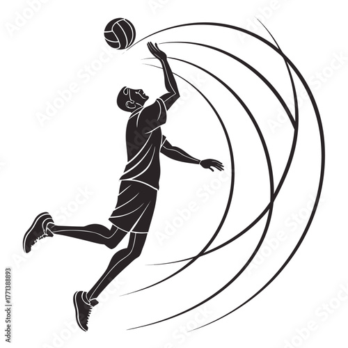 Volleyball player spiking, with curved lines indicating speed/motion.

