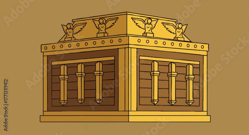 Ark of the Covenant vector illustration. Simple geometric design of the biblical holy chest. Religious symbol with golden cherubim