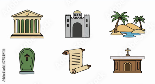 Biblical places and artifacts icon set. A collection of simple hand-drawn vector illustrations for historical and religious themes