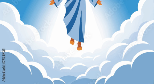 Ascension of Jesus Christ vector illustration. Stylized religious figure ascending into a cloudy sky. Flat design for Christian and Easter themes