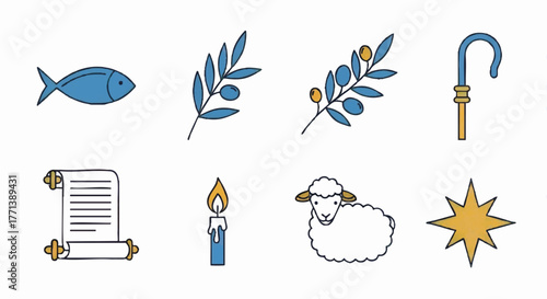 Christian and biblical symbols icon set. Hand-drawn vector illustration of religious elements. Includes fish, lamb, star, and shepherd's crook for faith-based design