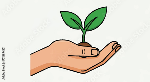 Hand holding a green plant sprout symbolizing growth and prosperity. Environmental care and sustainability concept. Simple flat vector illustration