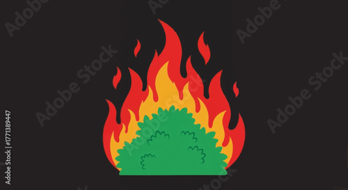 A vector illustration of the biblical Burning Bush. A religious symbol from the story of Moses in the Book of Exodus. Simple cartoon graphic of a plant on fire isolated on a dark background.