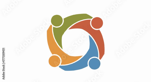 Stylized logo of four people in a circle. Vector illustration representing community, teamwork, and collaboration. Abstract hand-drawn symbol for social groups and unity