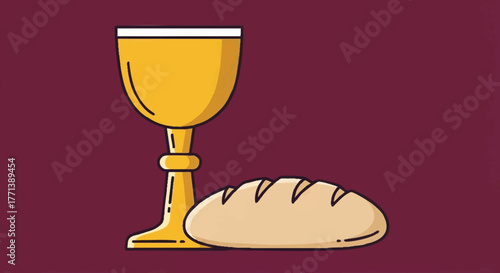 Holy communion symbols with a chalice of wine and a loaf of bread. Christian eucharist sacrament concept. Minimalist flat vector illustration