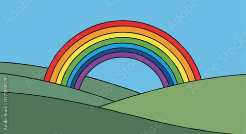 A simple cartoon illustration of a colorful rainbow over green hills. Vector graphic of a vibrant landscape with a blue sky. Children's drawing style.