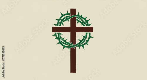 Christian cross with a crown of thorns vector illustration. A religious symbol of sacrifice and the passion of Christ. Minimalist flat design for Easter and Good Friday