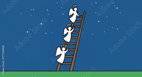 Biblical story of Jacob's Ladder vision. Stylized angels climbing a ladder to heaven in a simple hand-drawn vector illustration.