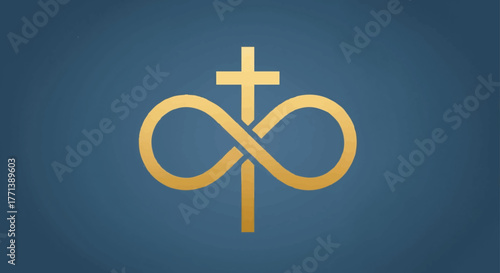Golden infinity cross symbol. Vector illustration representing eternal life and faith. Religious and spiritual logo icon