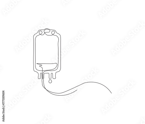 One continuous line drawing of iv bag or infusion bag. single line of medical equipment concept. illustration of blood transfusion. editable outline