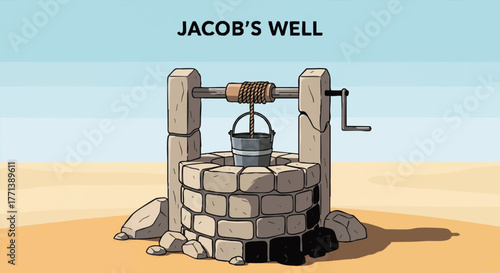 Jacob's Well vector illustration. Biblical story of Jesus and the Samaritan woman concept. Cartoon drawing of an ancient stone water well in the desert
