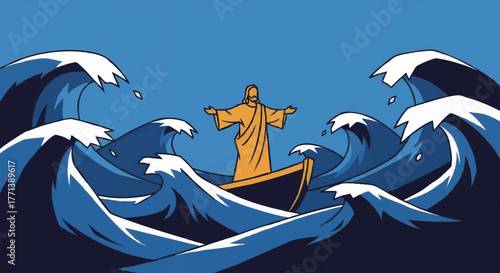Jesus calming the storm from a boat. A biblical vector illustration of a miracle. Christian concept of faith and hope in adversity