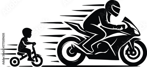 The image depicts a tricycle and motorcycle, likely symbolizing growth or skill development in riding.

