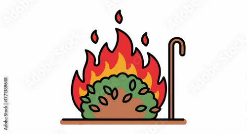Illustration of Moses and the burning bush from the bible. A religious symbol from the book of Exodus. Simple flat design vector icon