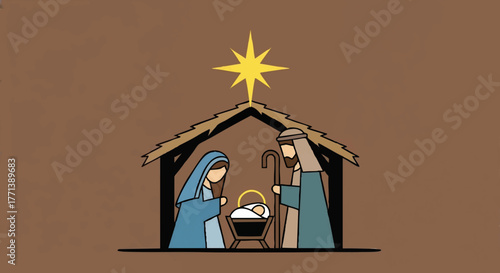 Minimalist nativity scene vector illustration. Flat design of the Holy Family in a manger. Christian Christmas holiday graphic with the Star of Bethlehem