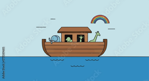 A simple cartoon illustration of Noah's Ark. Biblical story with animals on a boat under a rainbow. Minimalist flat design vector graphic