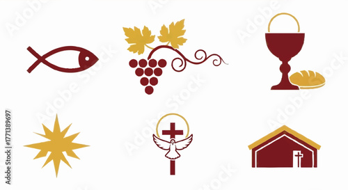 Christian religious symbols icon set. A collection of flat vector graphics for church and faith concepts. Includes fish, grapes, chalice, star, dove, and cross icons