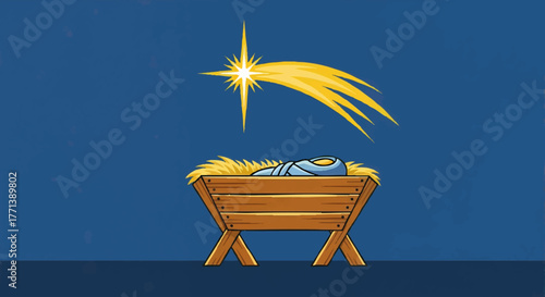 Star of Bethlehem and manger with baby Jesus. A classic Christmas nativity scene. Stylized vector illustration for religious holiday designs