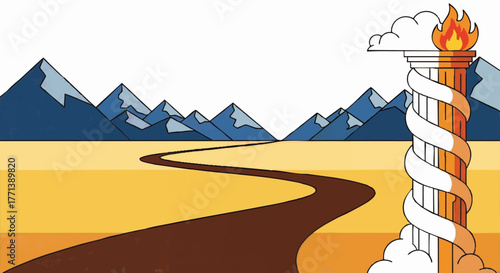 Biblical illustration of the Exodus journey. The pillar of fire and cloud guiding a path through the desert landscape. Flat vector graphic for religious and spiritual concepts