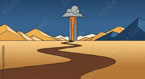 A conceptual vector illustration of a journey or exodus. Surreal desert landscape with a winding road leading to a mysterious energy column and cloud.