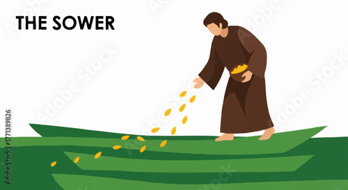 The biblical parable of the sower vector illustration. Minimalist flat design of a man scattering seeds. Christian faith and gospel story concept