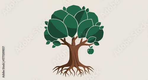 Tree of life and knowledge vector illustration. Stylized flat graphic with roots, leaves, and a single apple. A symbol for growth, nature, and wisdom