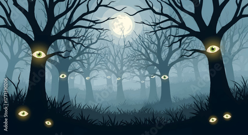 Spooky trees with glowing eyes in a foggy forest at night