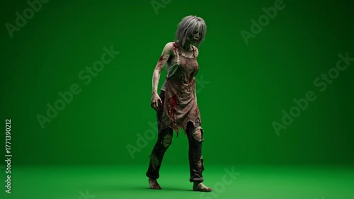 Horror Undead Woman Standing on Green Screen Background Wearing Torn Apron and Bloody Clothes with Grey Hair and Eerie Expression