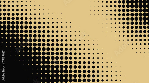 Halftone pattern with black circles on a tan background showing a gradient effect from left to right