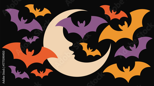 Bats flying around crescent moon with a face in orange and purple on a black halloween background