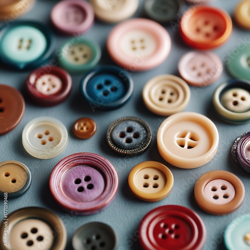 Colorful vintage buttons of various sizes and designs arranged on a textured background