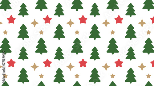 Repeating pattern of green christmas trees and red and gold stars on a white background design