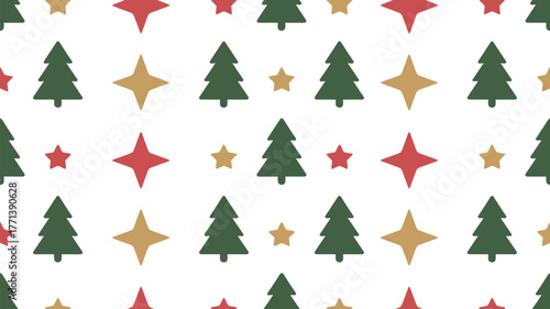 A christmas pattern with green trees red stars and gold stars on a white background seamless design
