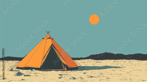 Desert campsite with an orange tent under a bright sun.