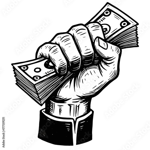 Clenched Fist Grasping Stack of Cash - Vintage Engraving Style Illustration