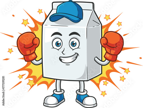 Cartoon milk carton mascot with boxing gloves, strong dairy character illustration, healthy nutrition, energy, fitness, sports, fun promotional design