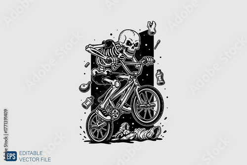 Skeleton Riding BMX Bicycle with Dynamic Action Pose.