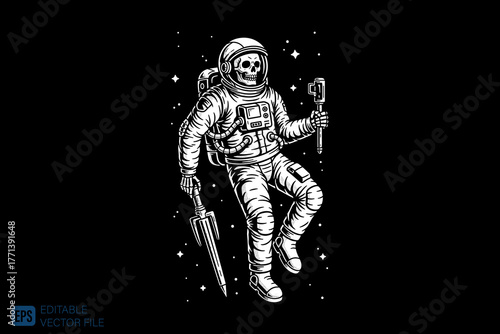 Astronaut Skeleton Floating in Space with Umbrella and Cane.