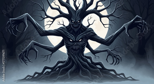 Sinister Spooky Tree Monster with Glowing Eyes Under a Full Moon
