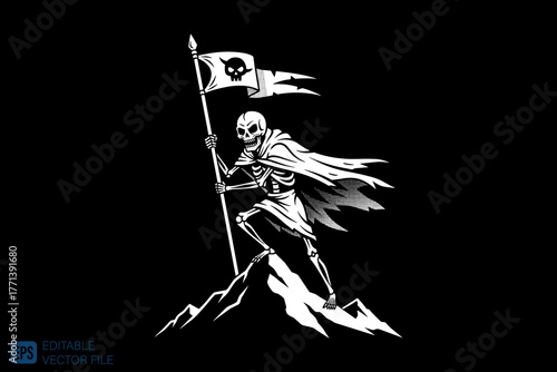 Skeleton Warrior Holding Flag on Mountain Peak.