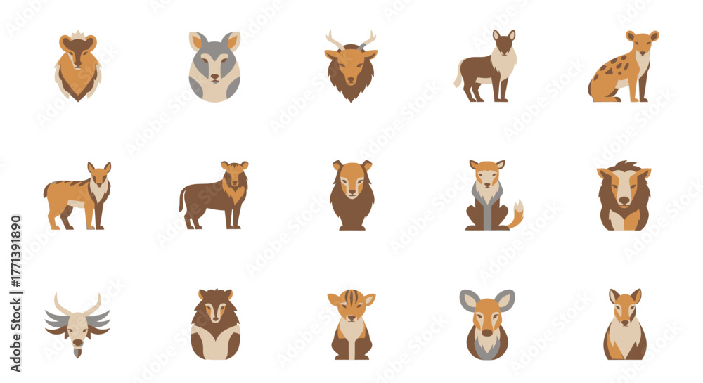 Fototapeta premium Variety of Flat Vector Wild Animals Icon Set on White Background