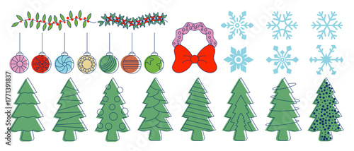 Christmas tree and bauble vector elements set with hanging ornaments and snowflakes, useful for DIY Christmas cards, festive crafts, scrapbooking and digital projects