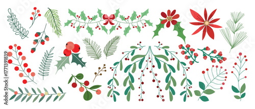 Hand drawn Christmas botanical vector elements with holly, mistletoe, berries and floral decoration, ideal for greeting cards, festive stationery, invitations and wall prints