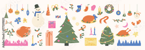 Christmas celebration vector elements pack with snowman, turkey, candles, gifts and decorated tree, great for party invitations, posters, greeting cards and packaging