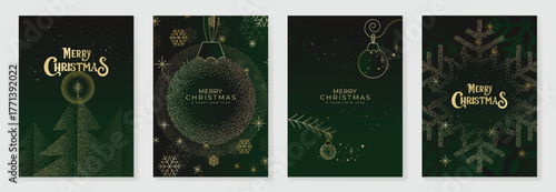 Luxury green Christmas card vector set with elegant baubles, snowflakes and Christmas tree design, perfect for holiday greeting cards, festive invitations, posters and seasonal wall decoration