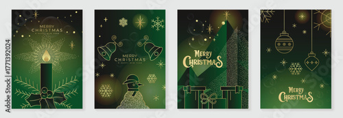 Luxury green Christmas greeting card vector set with candle, bells, Christmas tree and hanging baubles, perfect for holiday greeting cards, invitations, posters and seasonal wall art