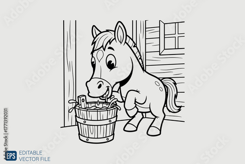 Cute Cartoon Horse Drinking Water from a Wooden Bucket.