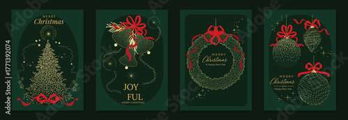 Luxury green and gold Christmas card vector set with festive tree, baubles and red ribbon accents, perfect for greeting cards, invitations, posters and product packaging