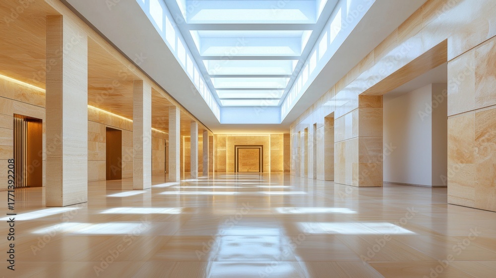 Naklejka premium Modern Minimalist Interior Space with Skylights and Clean Lines